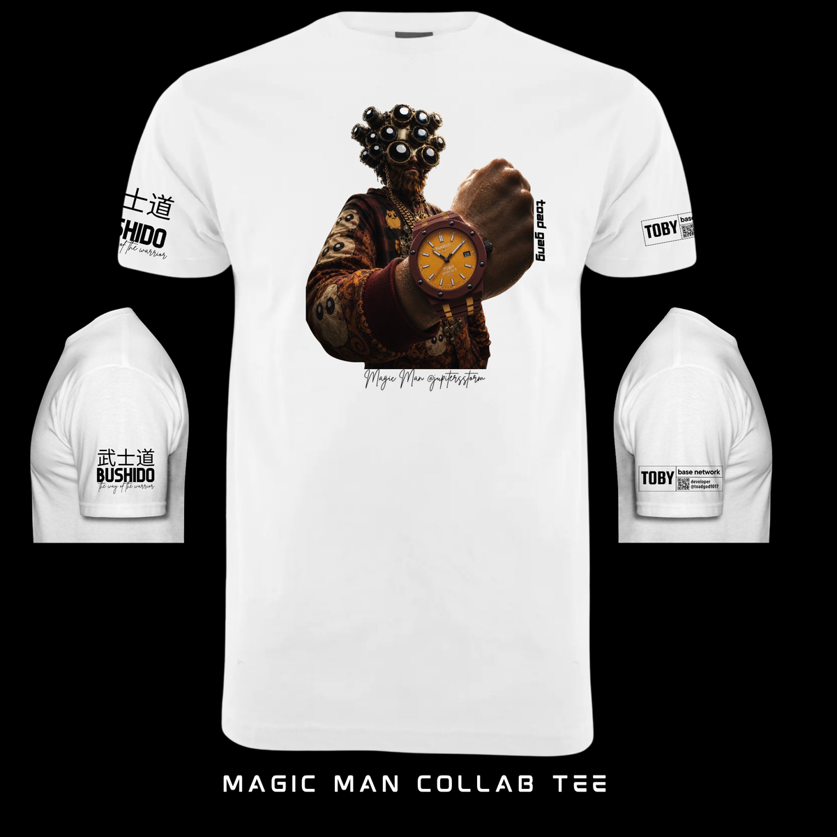 Magic Man Timepiece tee mockup showing the front and sleeve prints