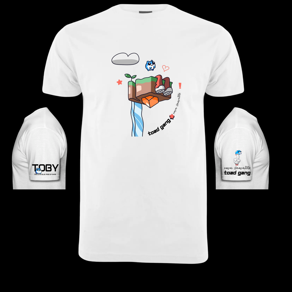 Nova Collab Three tee mockup showing the front and sleeve prints