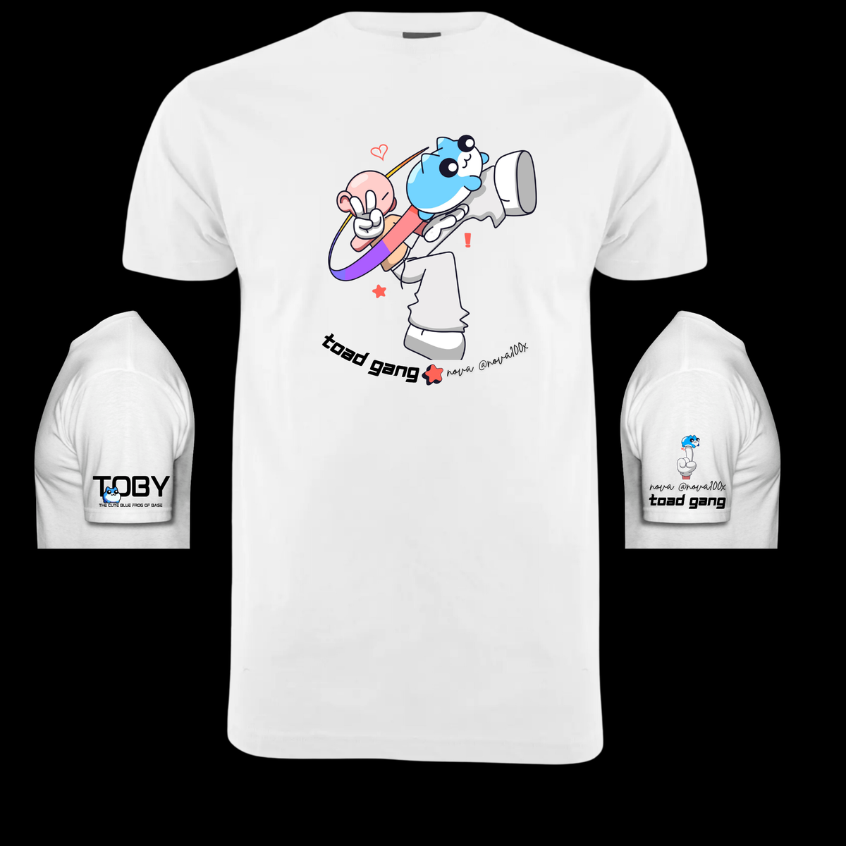 Nova Collab Two tee mockup showing the front and sleeve prints