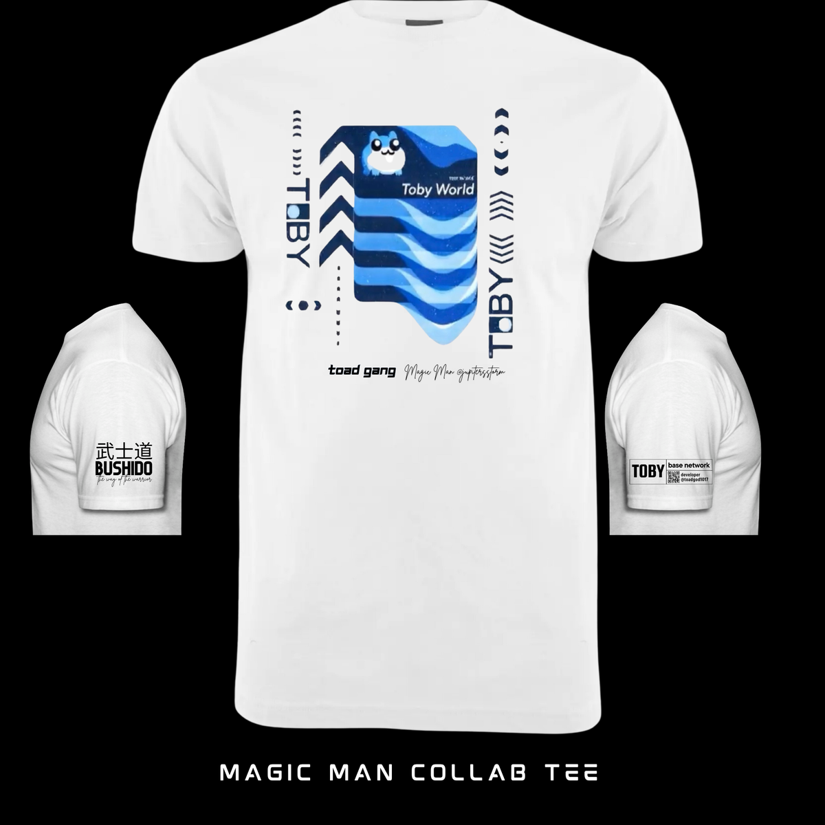 Toby World, Blue tee mockup showing the front and sleeve prints